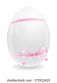 White easter egg with pink bow and ribbons on white background. Vector illustration