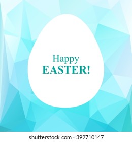 White Easter egg silhouette on a blue polygonal background.