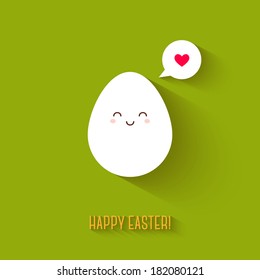 White Easter egg and Speech bubble with heart on green background. Vector illustration.  