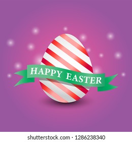 White Easter egg with striped red pattern on gradient purple background with happy Easter inscription on green ribbon-vector illustration