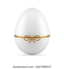 White Easter egg tied by golden bow ribbon religious holiday premium present 3d icon realistic vector illustration. Minimalist eggshell wrapped by luxury thread decorative festive gift bauble surprise