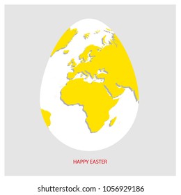 White Easter egg with yellow world map. Planet Earth in form of egg on light gray background with greeting text in red color. Vector illustration.