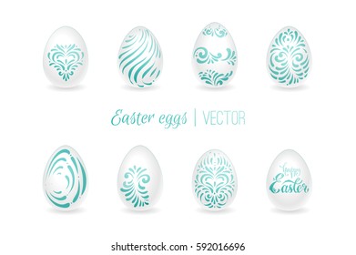 White easter eggs with blue openwork pattern. Isolated vector for design greeting cards, Souvenir packaging, posters and invitations for Easter