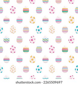 huevos blancos de Pascua con adorno milticolor brillante sobre fondo blanco. Patrón sin foco.  Textura para tela, envoltura, papel pintado. Impresión decorativa. Ilustración del vector 
