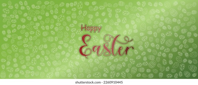 White Easter eggs pattern on green gradient background Spring theme banner design. Vector illustration.