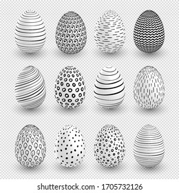 White Easter eggs wtth doodle black simple patterns on surface. Vector set on transparent background.for holiday Easter card. Vector illustration