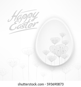 White Easter floral egg with lettering, happy easter hand drawn, design element. Vector illustration.