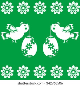 White Easter icons: birds, egg and flowers on green background
