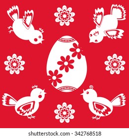 White Easter icons: birds, egg and flowers on red background