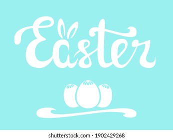 White Easter inscription on a blue background with hare ears and eggs