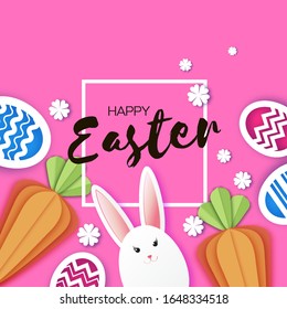 White Easter rabbit. Easter Bunny. Colorful egg hunt. Carrots. Happy Easter in paper cut style. Spring on pink. Frame for text.