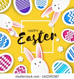 White Easter rabbit. Easter Bunny. Colorful egg hunt. Happy Easter in paper cut style. Spring on yellow. Frame for text.
