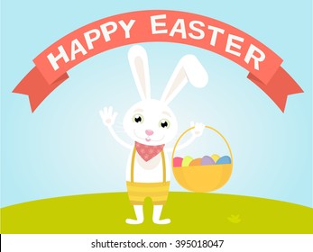 White easter rabbit. Easter Bunny. Easter greeting card with colorful eggs and bunny on blue background