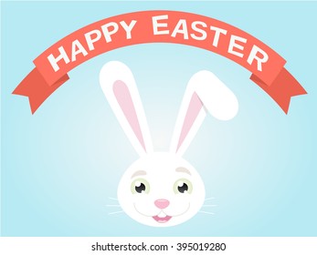 White easter rabbit. Easter Bunny. Easter greeting card with colorful eggs and bunny on blue background