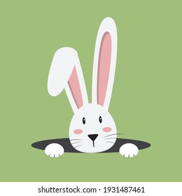 Conejo blanco de Pascua. Cabeza de la liebre de la conejita de Pascua.Carácter vector de icono, aislado en fondo de color verde.