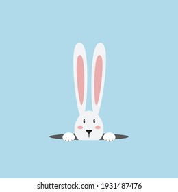 White easter rabbit. Easter Bunny Hare head.Icon vector character,isolated on sky blue color background.