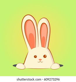 White easter rabbit. Easter Bunny peeking out of the hole. Green background.