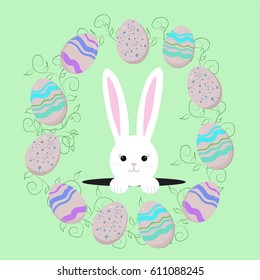 White easter rabbit. Easter Bunnywith Easter Eggs.