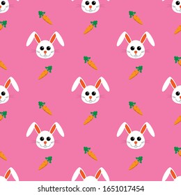White easter rabbit with carrot pattern seamless pink background