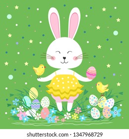 White easter rabbit in a dress. Easter Bunny with chickens and eggs.Vector illustration.