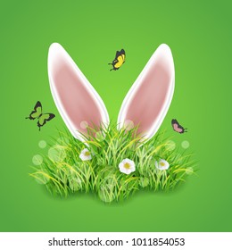 White easter rabbit ears sticking out of the grass. Spring landscape with green grass, white flowers and butterfies. Cute cartoon greetig card template. Spring easter design