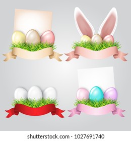 White easter rabbit ears sticking out of the grass, colored pearl eggs, silk ribbon. Cute cartoon greetig card design elements. Spring easter design set