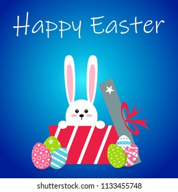 White easter rabbit with eggs. Funny bunny in flat style. Easter Bunny. On blue winter background. Colorful Happy Easter greeting card. Vector illustration