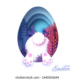 White Easter Rabbit and flower in paper cut style. Bunny booty. Egg layered frame. Blue