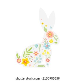 White Easter Rabbit with Flowers and Floral Decoration Inside Vector Illustration