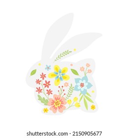 Conejo de Pascua Blanca con flores y decoración floral en el interior de la iluminación vectorial