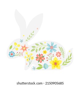 White Easter Rabbit with Flowers and Floral Decoration Inside Vector Illustration