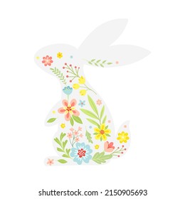 White Easter Rabbit with Flowers and Floral Decoration Inside Vector Illustration