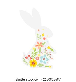 White Easter Rabbit with Flowers and Floral Decoration Inside Vector Illustration