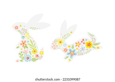 White Easter Rabbit with Flowers and Floral Decoration Inside Vector Set