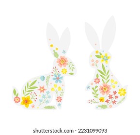 White Easter Rabbit with Flowers and Floral Decoration Inside Vector Set