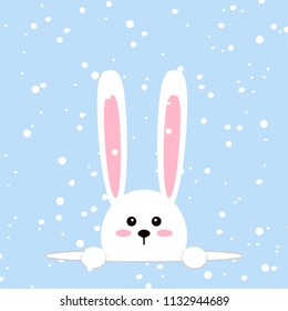 White easter rabbit. Funny bunny in flat style. Easter Bunny. On blue winter background, falling snowflakes. Vector illustration