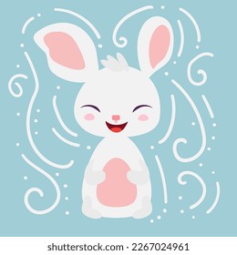 Conejo blanco de Pascua. Cartel feliz de Pascua, afiche, tarjeta de saludo. Diseño de moda de Pascua con conejo de Pascua en colores pastel sobre fondo azul. Ilustración vectorial en el estilo moderno de dibujos animados mínimos.