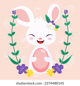 White easter rabbit  Happy Easter banner  poster  greeting card  Trendy Easter design and Easter Bunny   flowers in pastel colors pink background  Vector illustration in minimal cartoon style 