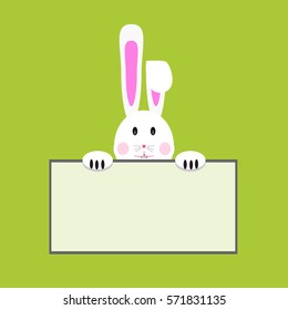 White easter rabbit holding a board for your message. Cartoon style.