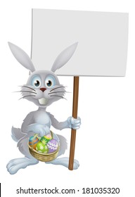 White Easter rabbit holding a sign and a basket of chocolate Easter eggs
