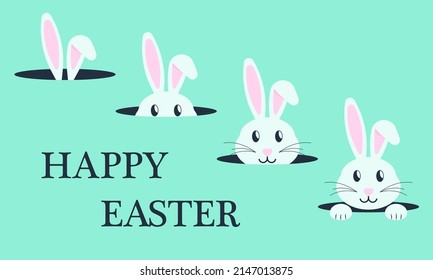 White easter rabbit on green background. Happy Easter bunny. Fun rabbit hiding in a hole. Vector illustration.