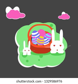 White easter rabbits. Easter Bunny.  big basket with easter eggs