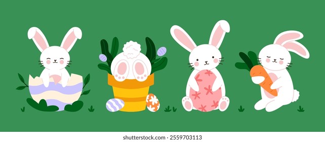 White Easter rabbits with eggs in different poses. Flat vector illustration isolated on green background.