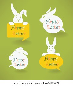 white Easter rabbits silhouettes on green background, look like speech bubbles