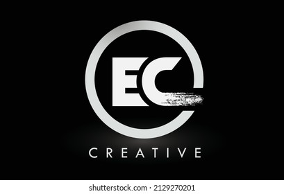 White EC Brush Letter Logo Design with Black Circle. Creative Brushed Letters Icon Logo.