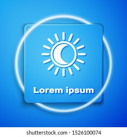 White Eclipse of the sun icon isolated on blue background. Total sonar eclipse. Blue square button. Vector Illustration