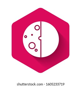 White Eclipse of the sun icon isolated with long shadow. Total sonar eclipse. Pink hexagon button. Vector Illustration