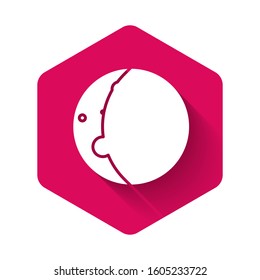 White Eclipse of the sun icon isolated with long shadow. Total sonar eclipse. Pink hexagon button. Vector Illustration