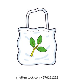 White eco bag with a green sprout or branch symbol, vector isolated.