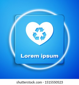 White Eco friendly heart icon isolated on blue background. Heart eco recycle nature bio. Environmental concept. Blue square button. Vector Illustration
